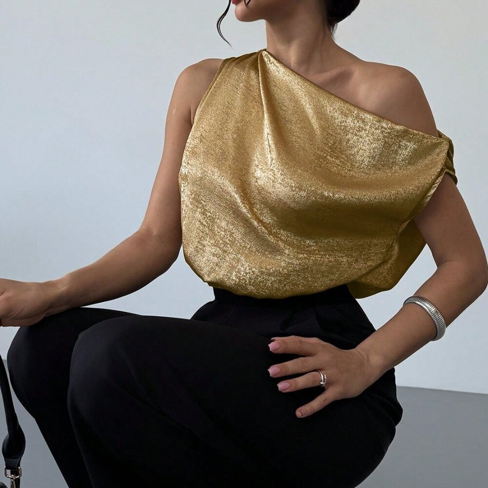 Gold Elegant Romantic Women's Asymmetric Off-Shoulder Blouse - Picture 6 of 7